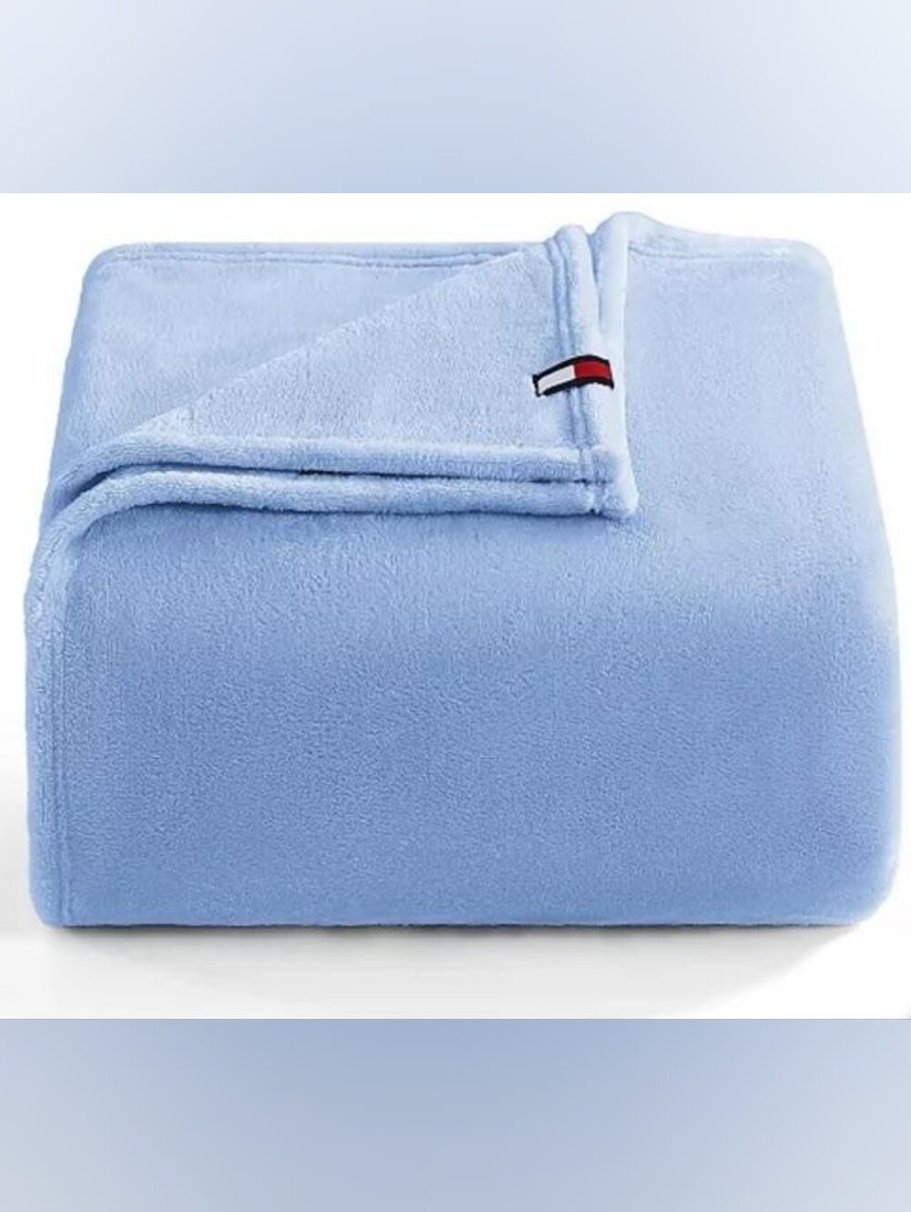 Tommy Hilfiger Baby Blue Plush Throw with Signature Flag
